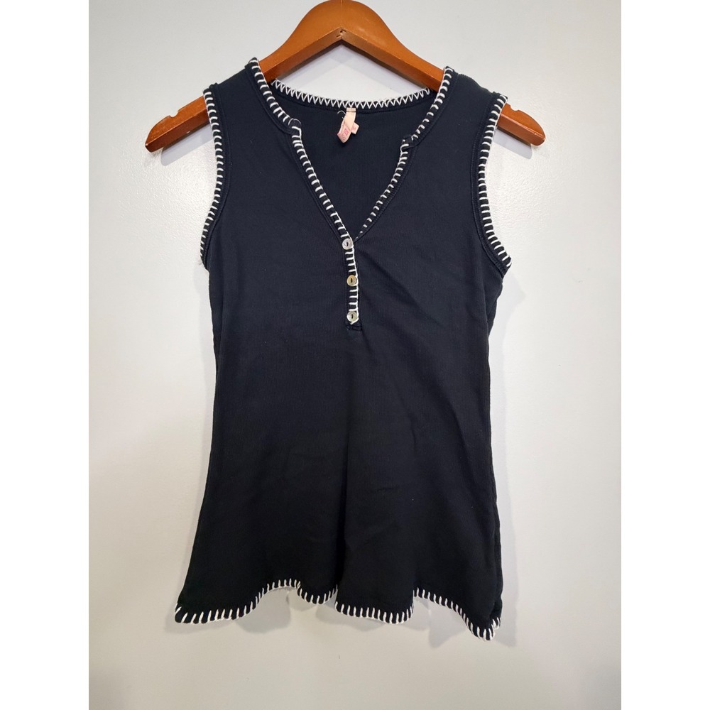 Me Ko Black Y2K Tank Top White Whipstitch Medium Boho Minimalist‎ 90s inspired